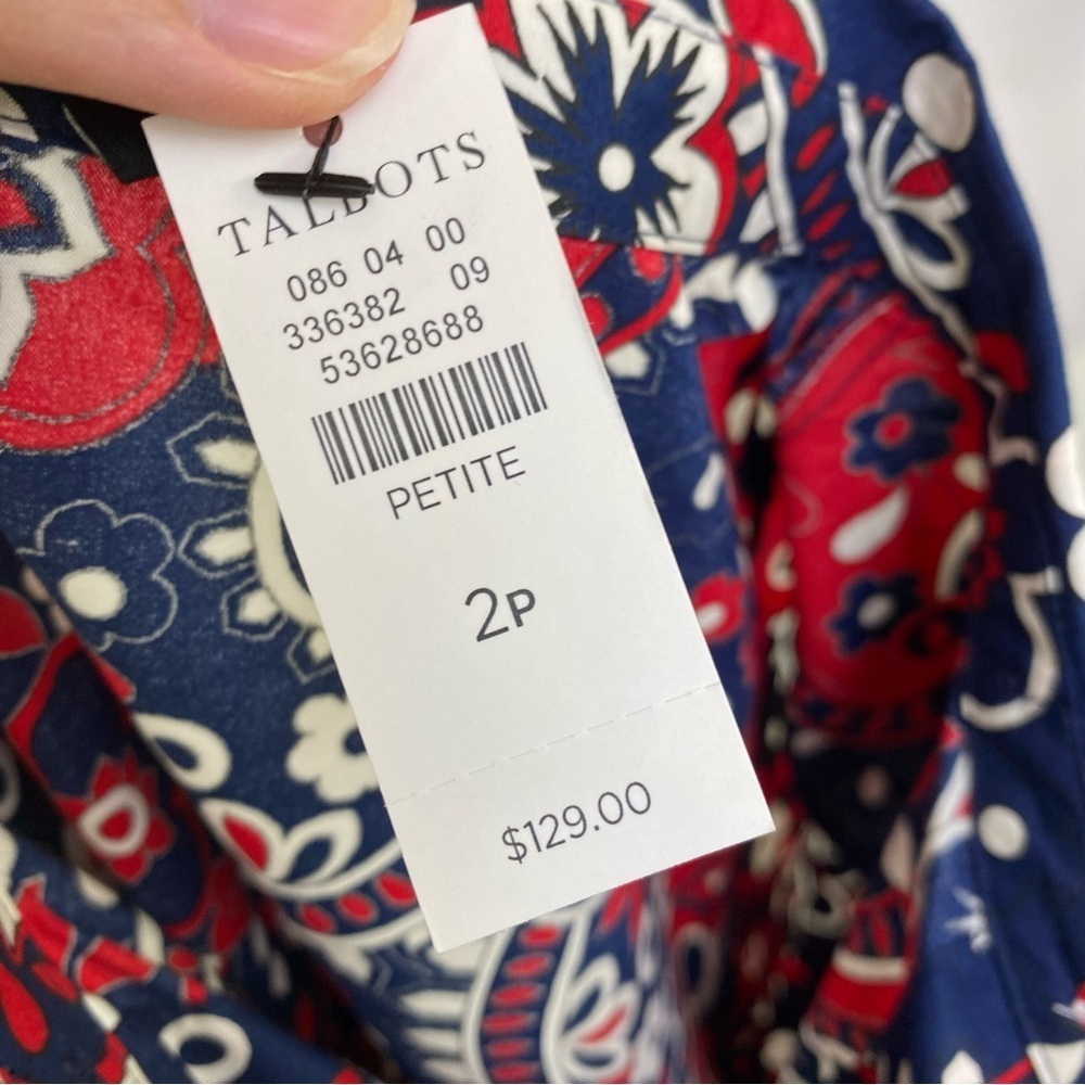 NWT Talbots Paisley Poplin Shirt Dress Size 2P Red Blue Old Money Cotton Belted - Picture 12 of 15